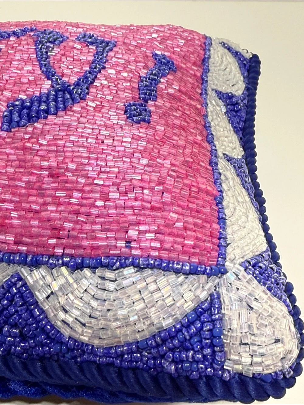 Sudha Pennathur Sequin Pink and Blue 'Oy Vey!' Decorative Beaded Pillow 8x10